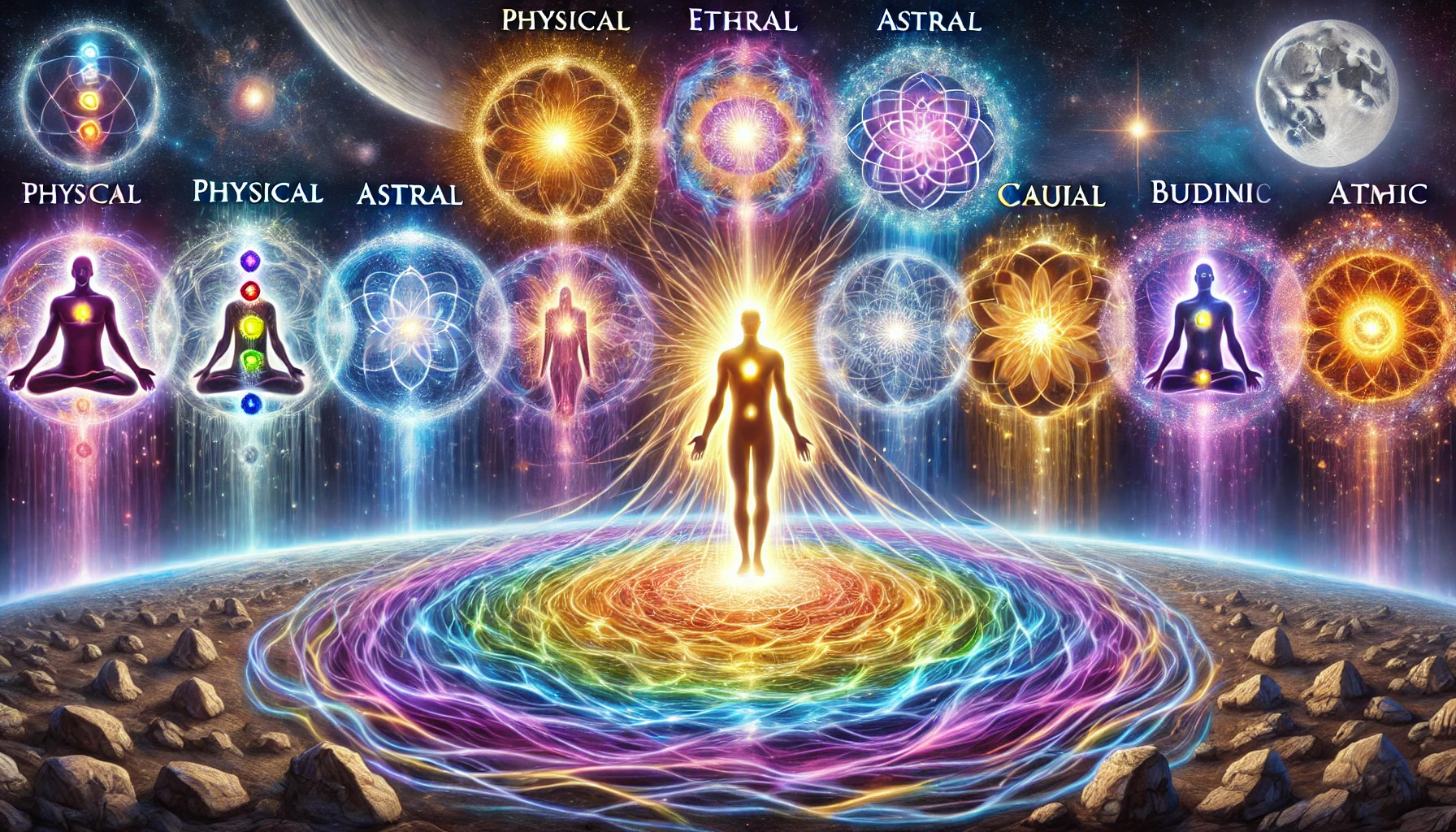 les sept corps originels, mettant en lumière les couches énergétiques et spirituelles qui entourent et abstiennent l'être humain. Elle symbolise l'harmonie, la transcendance et la connexion entre les dimensions terrestres et divines.