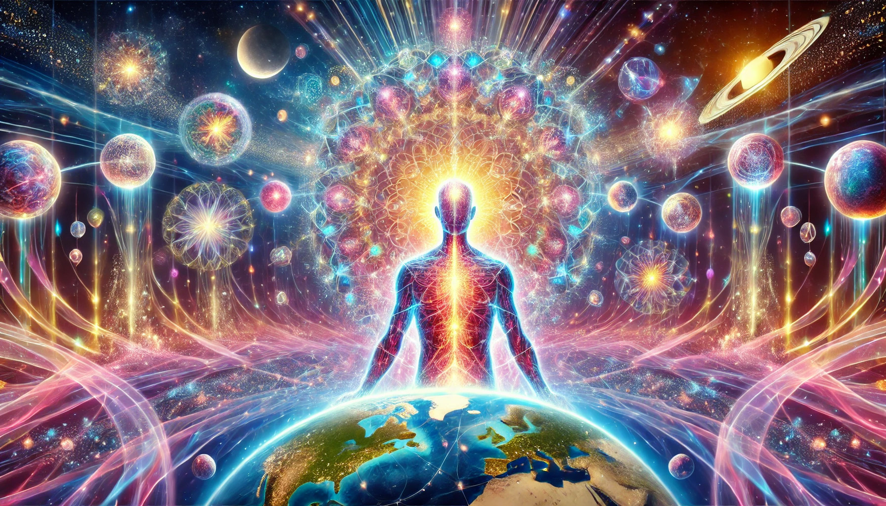 les nouveaux corps subtils dans le contexte de l'ascension spirituelle. L'image représente les corps subatomiques, cristallins et atmiques, chacun avec leurs énergies distinctes et lumineuses, entourés de symboles de sacralisation et de connexion cosmique. Elle évoque l'évolution et l'harmonie universelle.