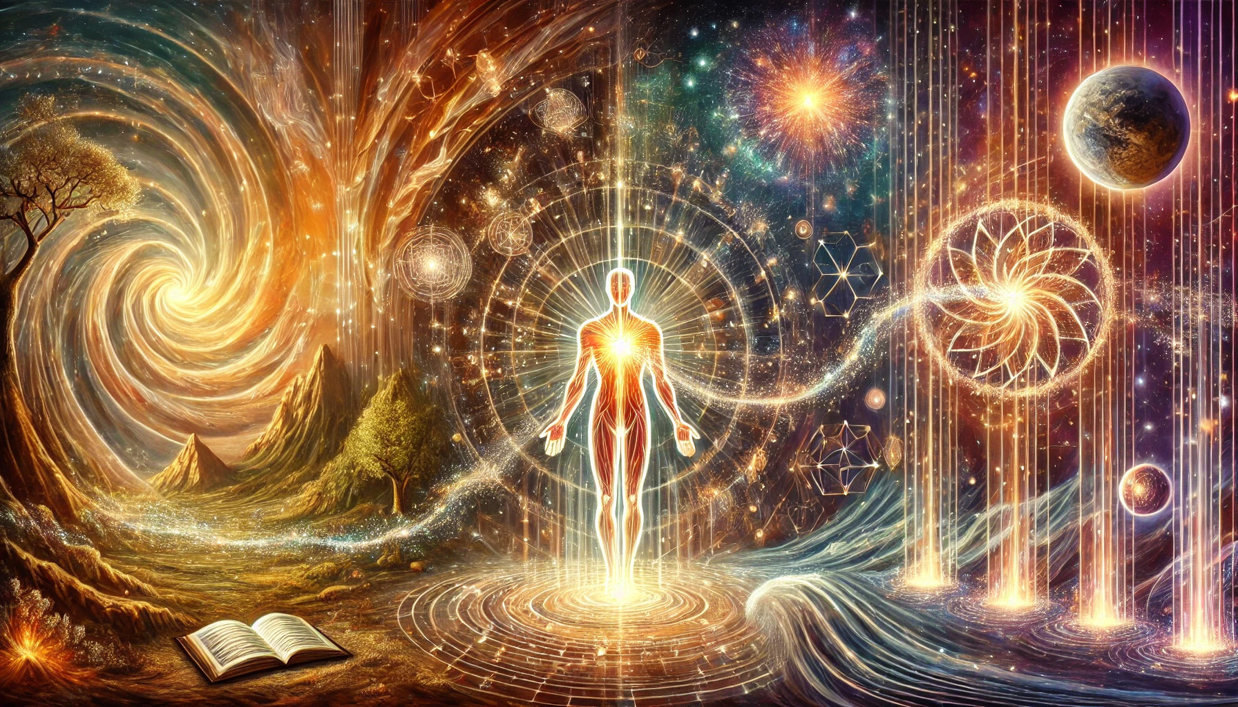 Nouveaux soins de l'être. L'image représente la révélation de la lumière intérieure, l'alignement des corps subtils et le cheminement vers l'ascension spirituelle. Elle capture visuellement la transformation et la connexion harmonieuse entre la Terre et les dimensions célestes.
